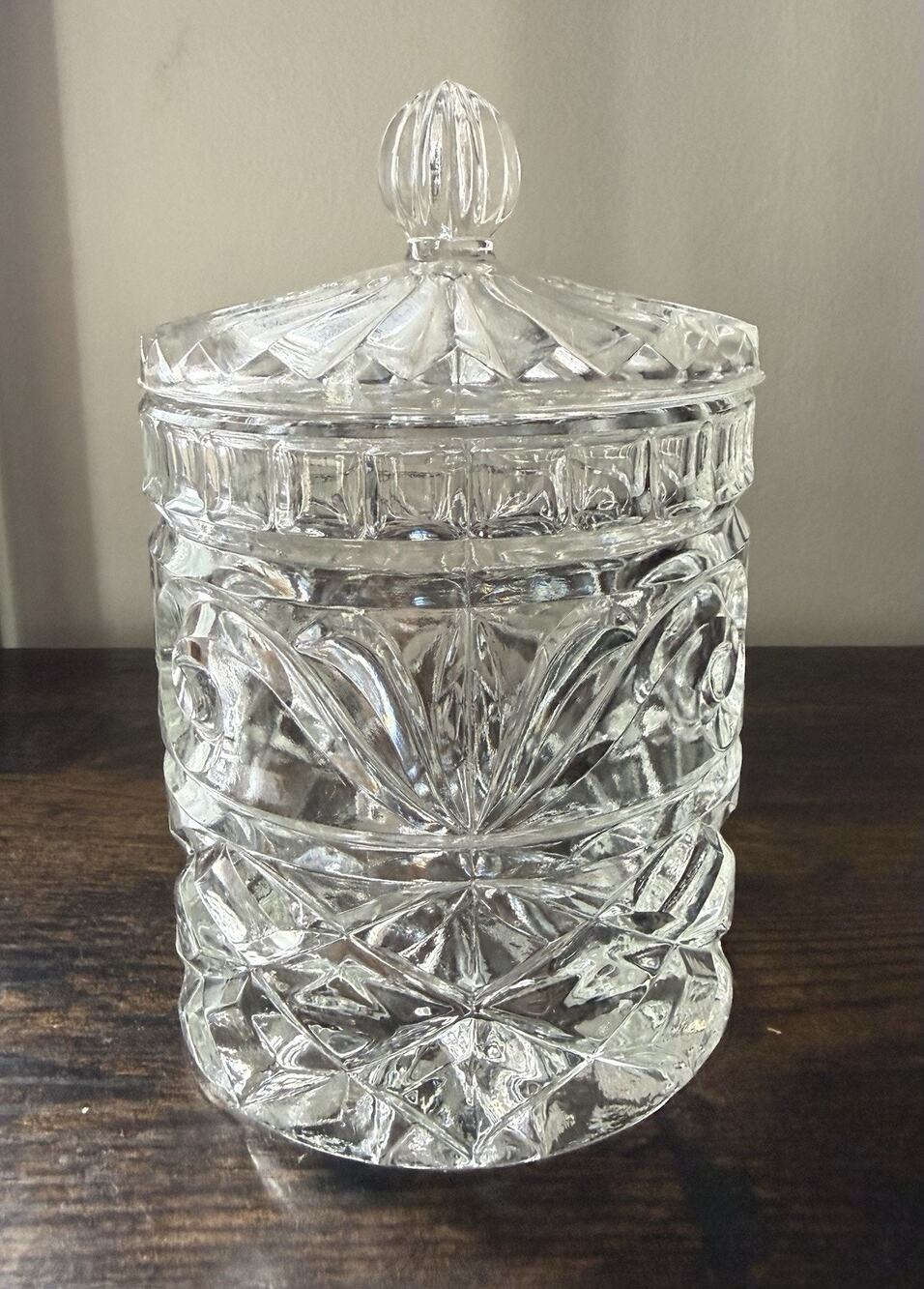 Heavy Crystal Covered Candy Dish Jar With Lid Diamond Starburst Pattern Unmarked